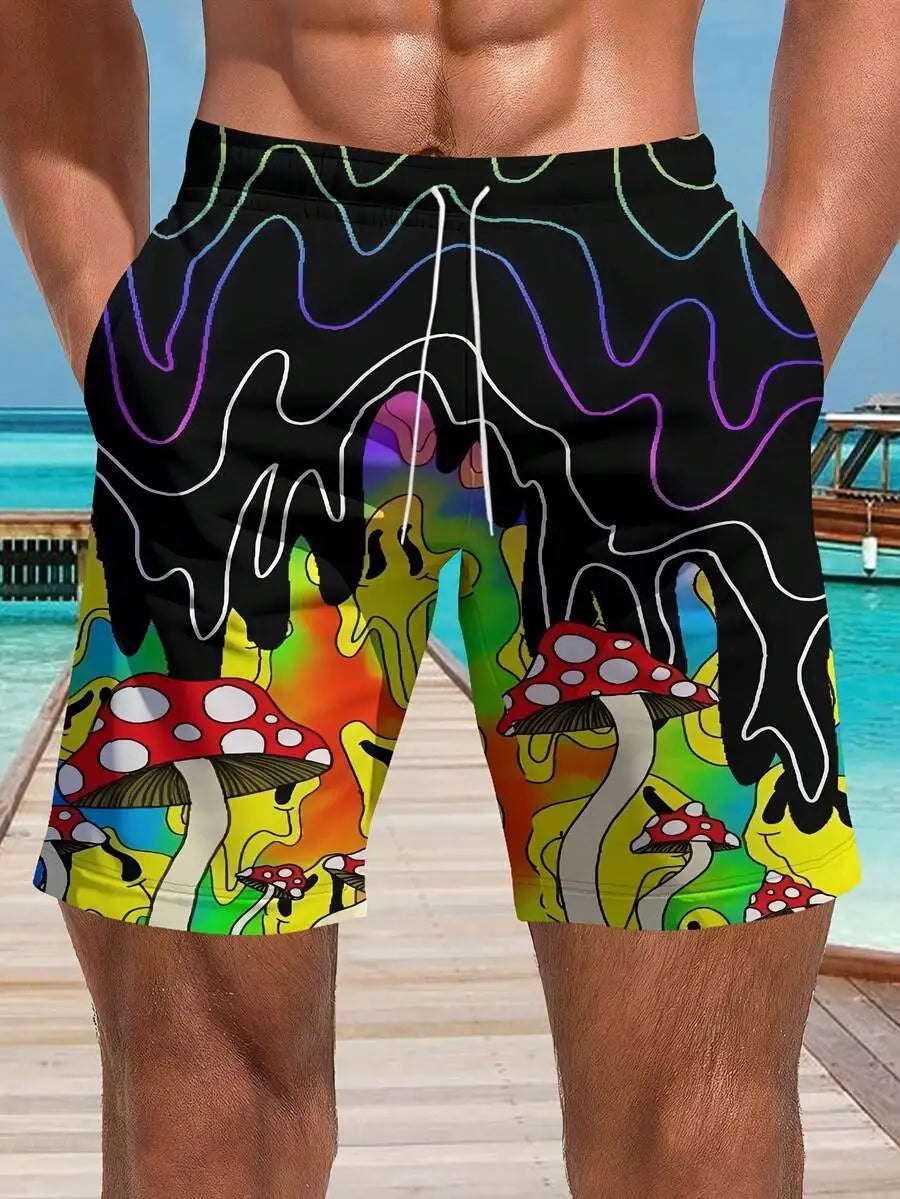 Mens Retro Psychedelic Mushroom Swim Trunks Quick Dry Adjustable Waist Beach Shorts