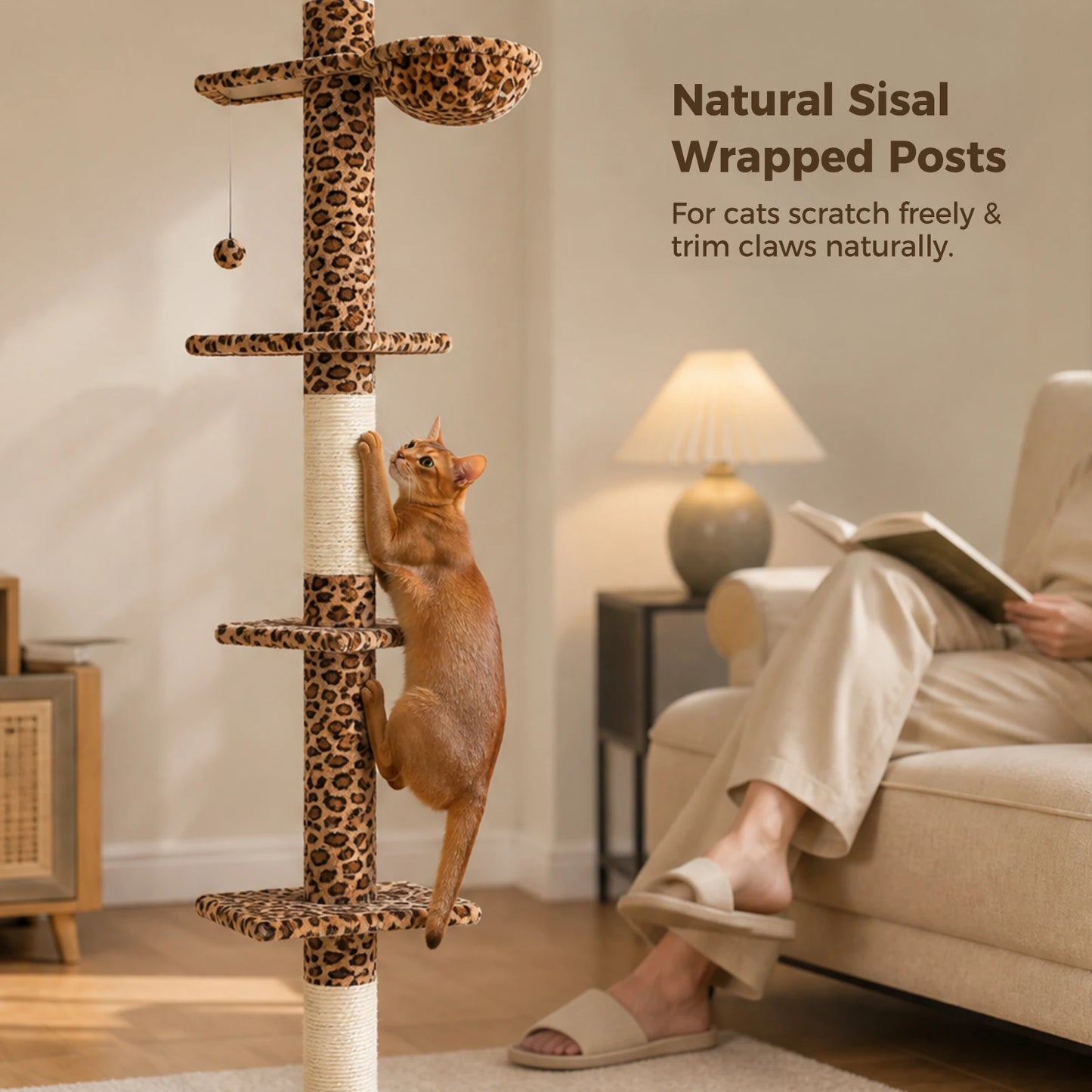 Floor to Ceiling Cat Tree with Sisal Scratching Posts Cozy Hammock Dangling Ball Adjustable Height Leopard Cat Tower for Indoor Cat Toys