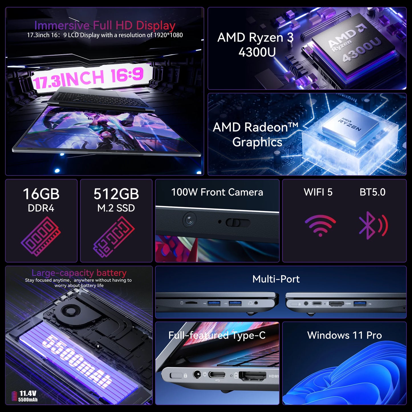 ACEMAGIC AX17Pro Laptop Ryzen 3 4300U 16GB DDR4 512GB NVMe