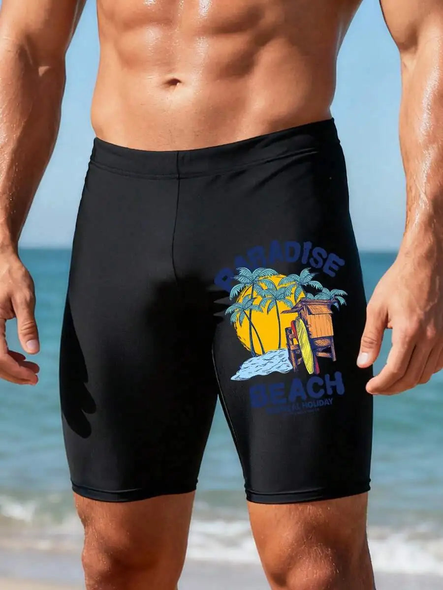 Men's Mid Length Printed Swim Trunks For Beach And Water Sports Polyester Spandex Blend