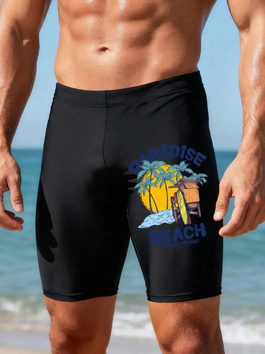 Men's Mid Length Printed Swim Trunks For Beach And Water Sports Polyester Spandex Blend