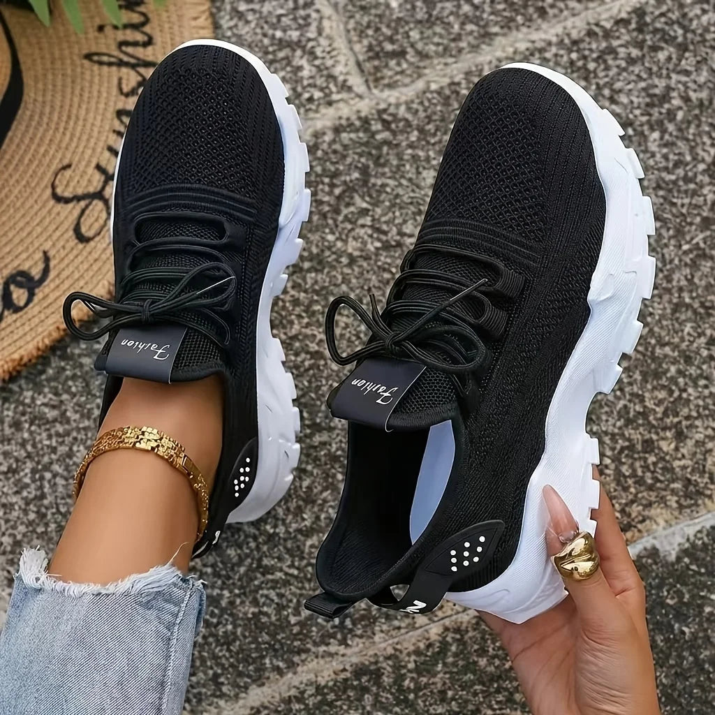 Womens Chunky Platform Knit Mesh Walking Sneakers With Wavy Sole
