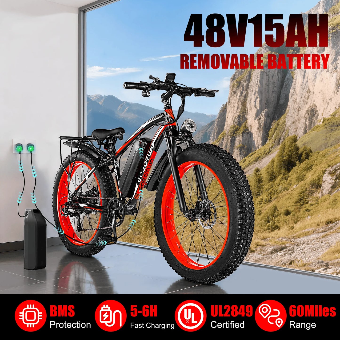 EOEOTWO 1500W Electric Bike Ebike 48V 15Ah Battery 26 Inch Fat Tire Mountain Bike 34MPH For Adults