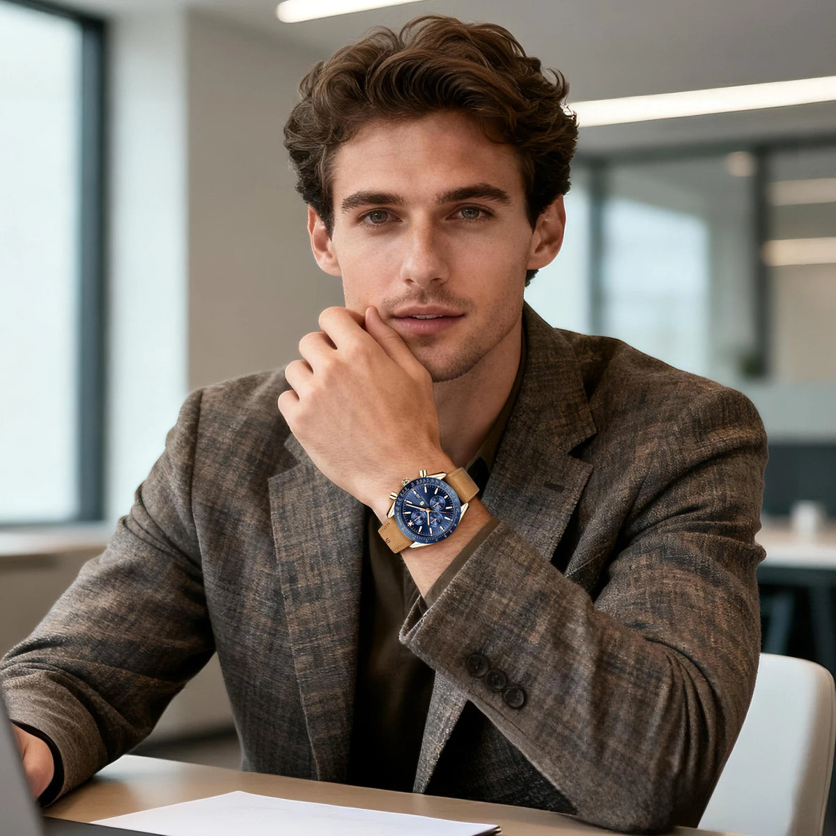 SAPPHERO Men's Quartz Chronograph Watch Date Display Blue Dial 50M Water Resistant Sport Luxury Wristwatch Elegant Fashion Business Casual Watch for Men Daily Wear Office Travel Gift