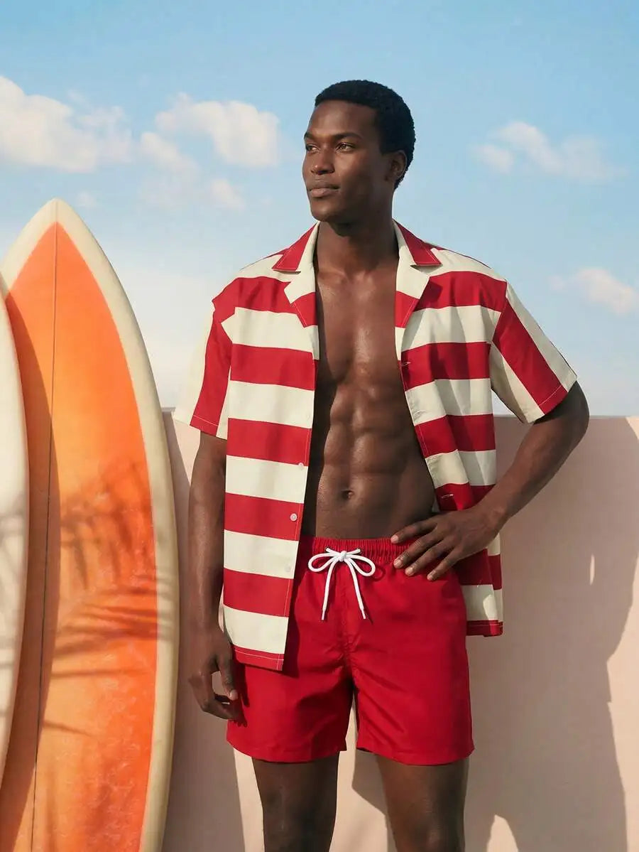 Mens Red And White Striped Short Sleeve Shirt And Solid Red Swim Shorts Two Piece Beach Resort Outfit