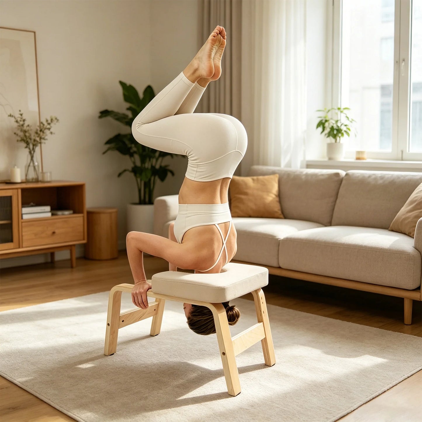 Wooden Yoga Inversion Bench With Padded Cushion And Stable Frame