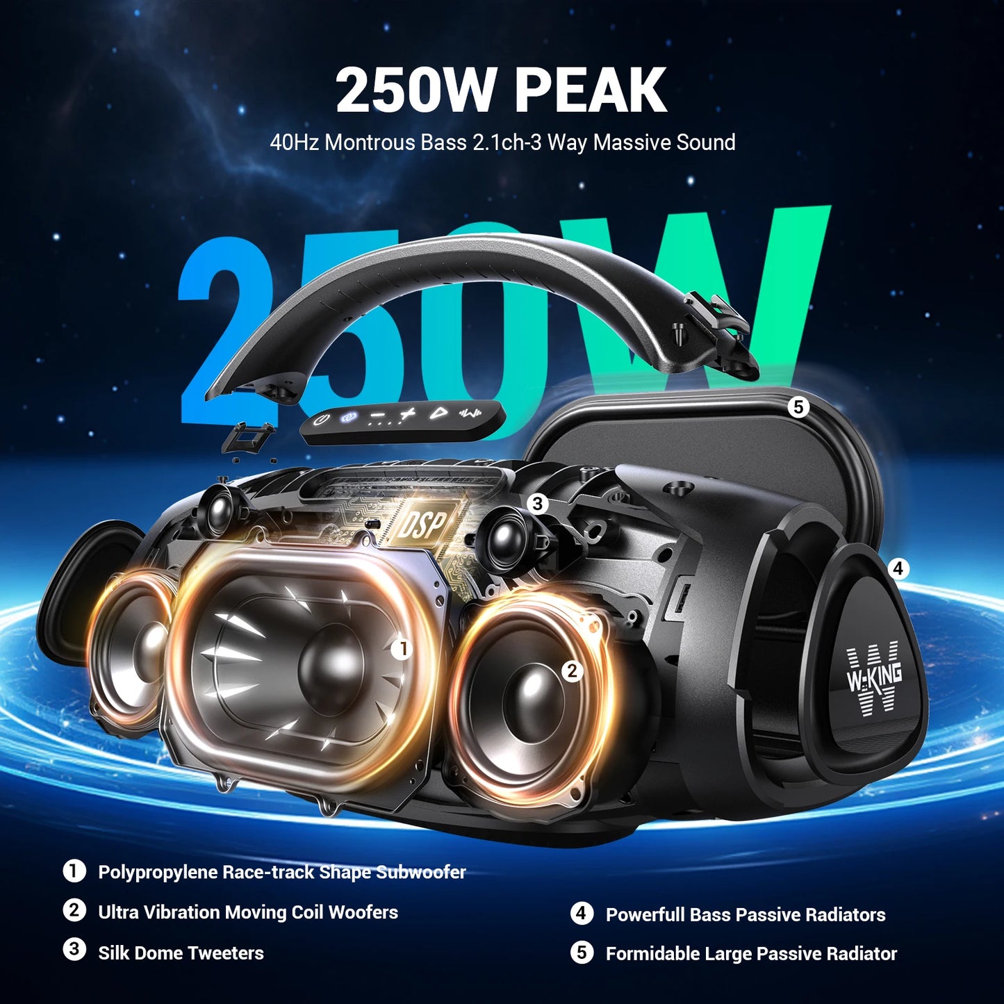 W-King X20S Bluetooth Speaker IPX7 Waterproof With Strap 140W