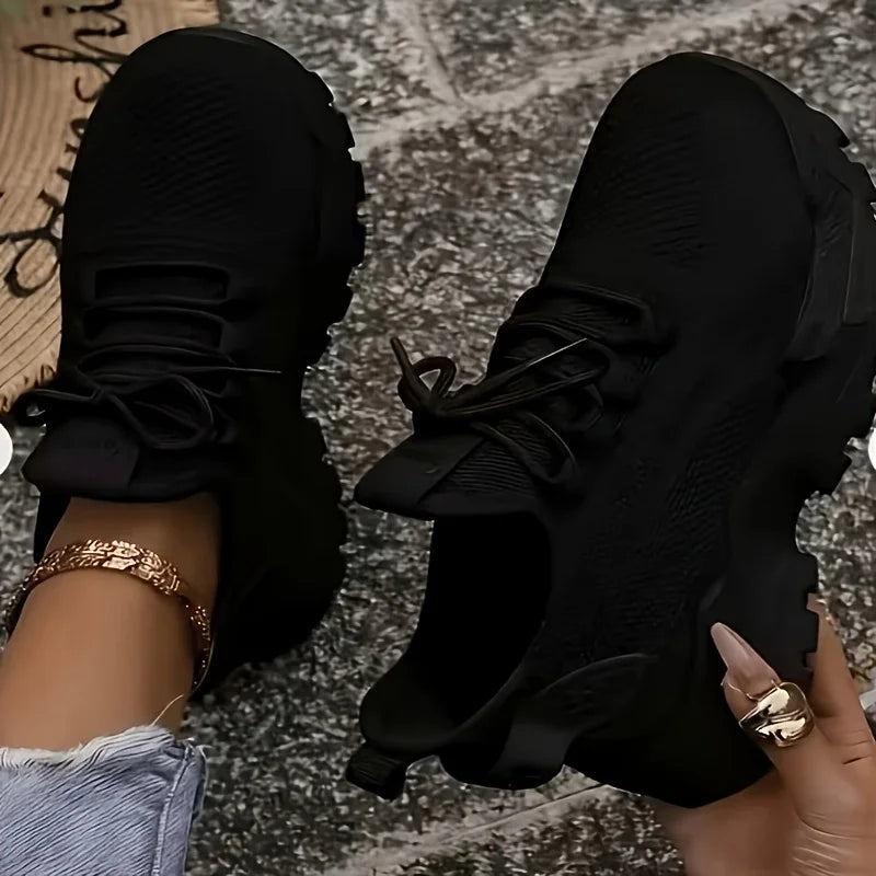 Womens Chunky Platform Knit Mesh Walking Sneakers With Wavy Sole