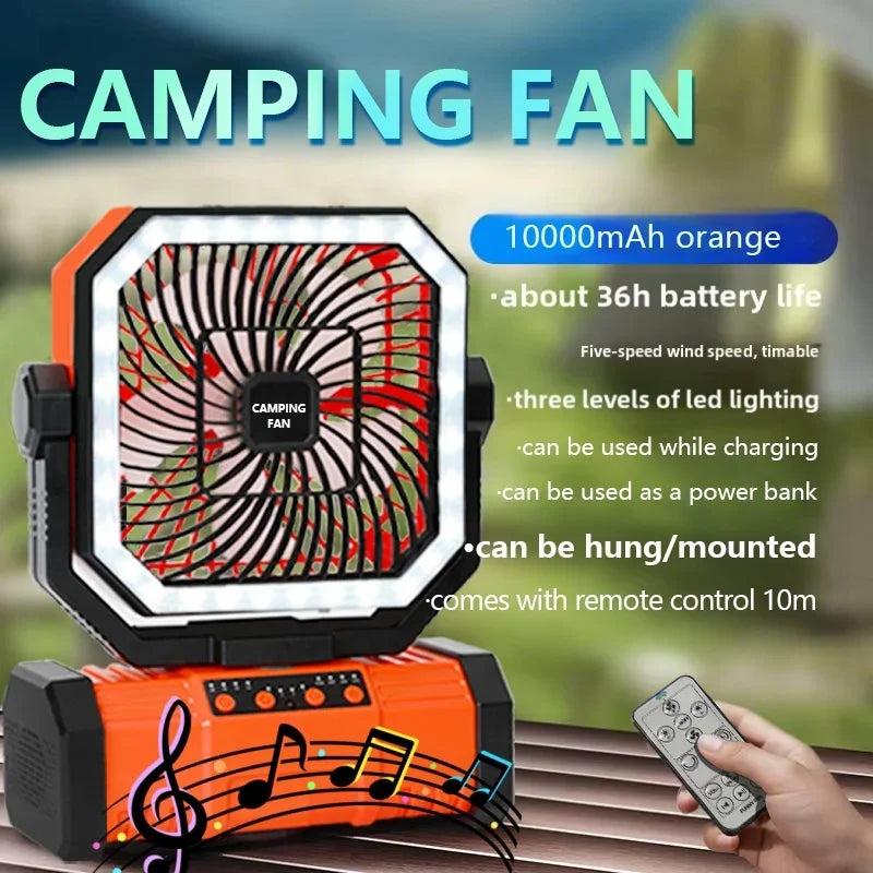 Outdoor Camping Fan With Bluetooth Speaker Portable Hook
