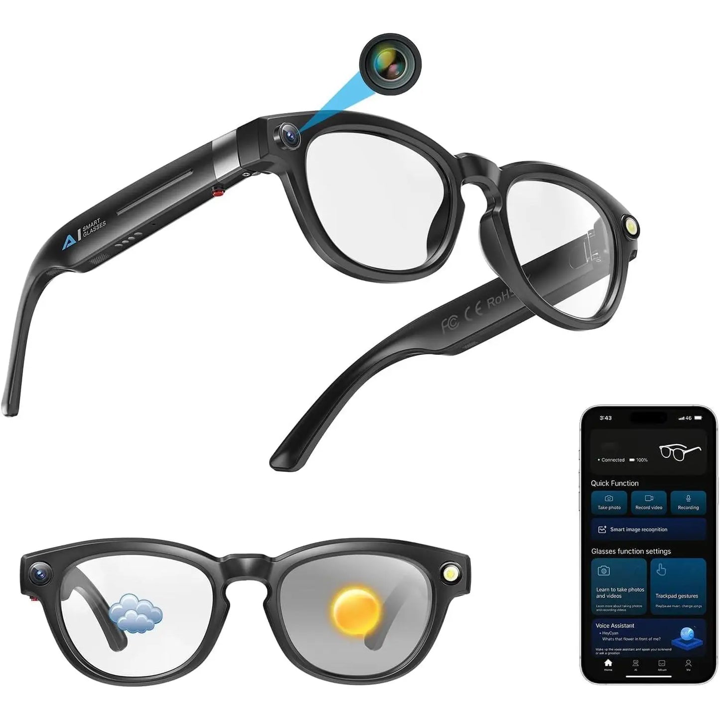 AI Smart Glasses With 8MP Camera ChatGPT Assistant Translation