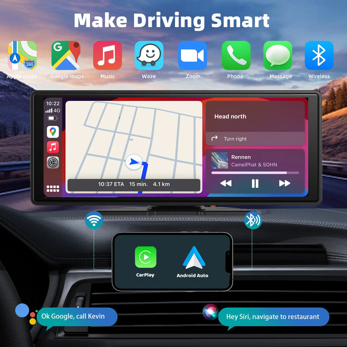 Portable Wireless Car Stereo With CarPlay Android Auto And Backup Camera