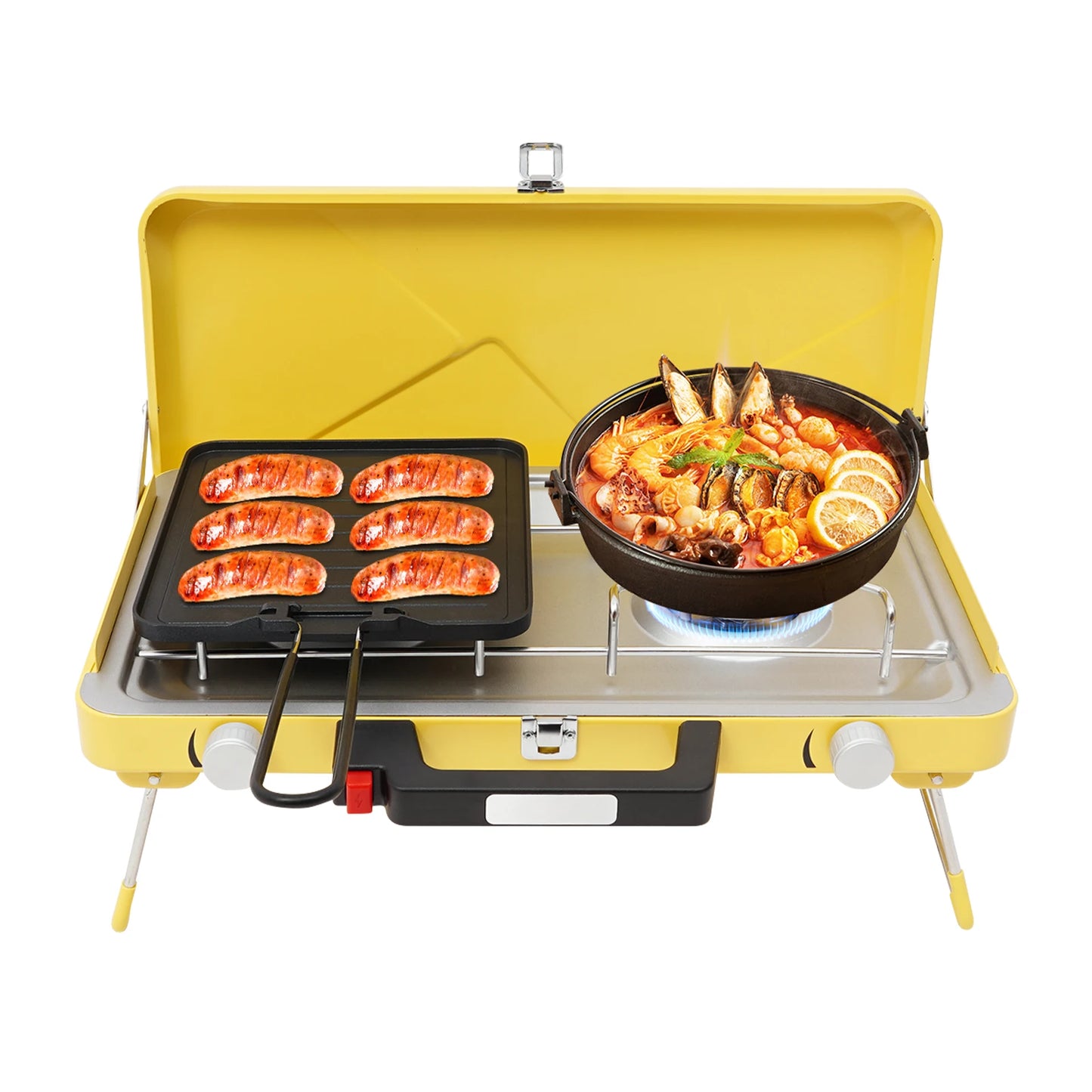 Portable Outdoor Propane Gas Stove Two Burners Windshield For Camping