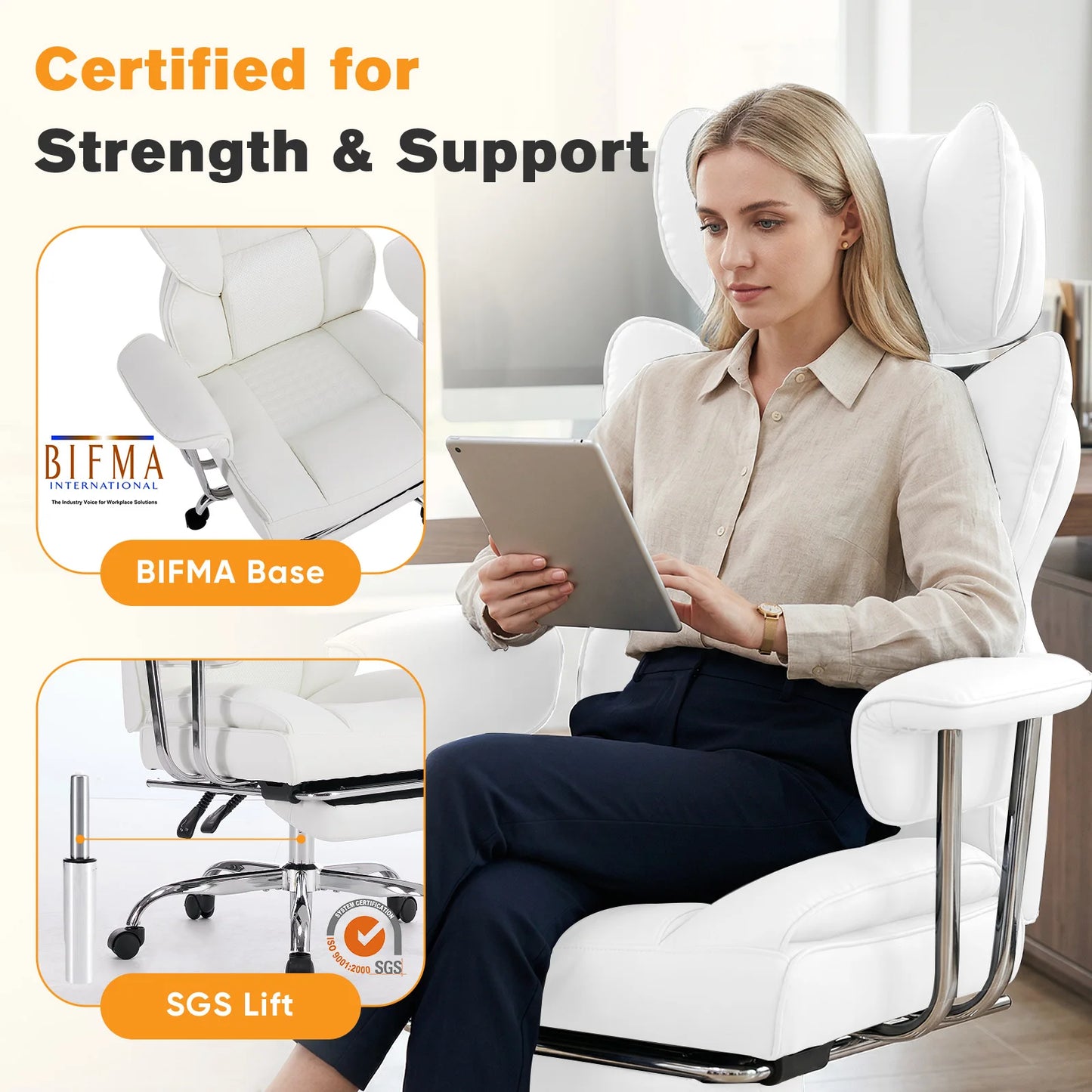 MCQ PU Leather Armrest Ergonomic Office Chair With Footrest 360 Degree Swivel