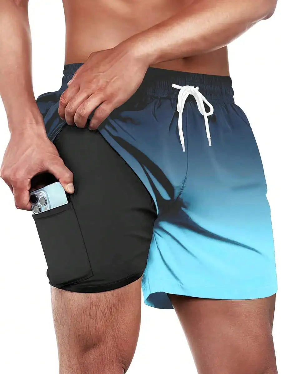 Mens Quick Dry Swim Trunks With Compression Liner 5 Inch Gradient Blue Beach Shorts