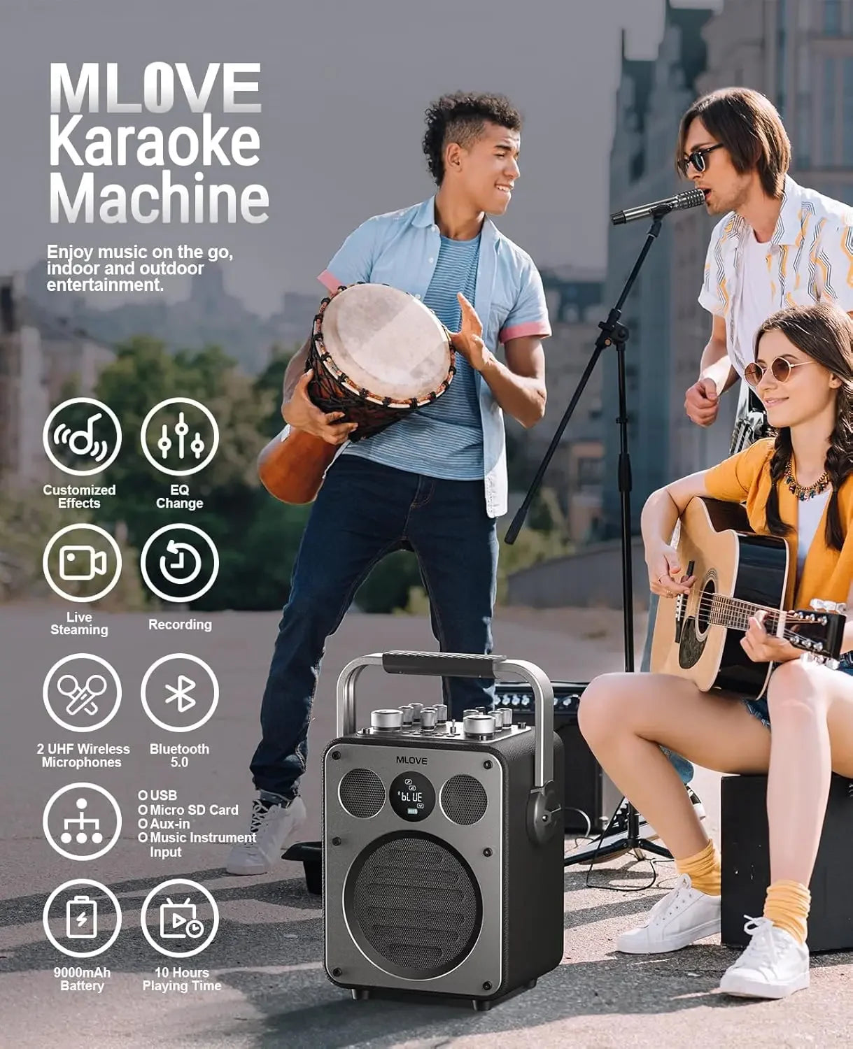 MLOVE D5 Karaoke Machine With Bluetooth And Two Wireless Microphones