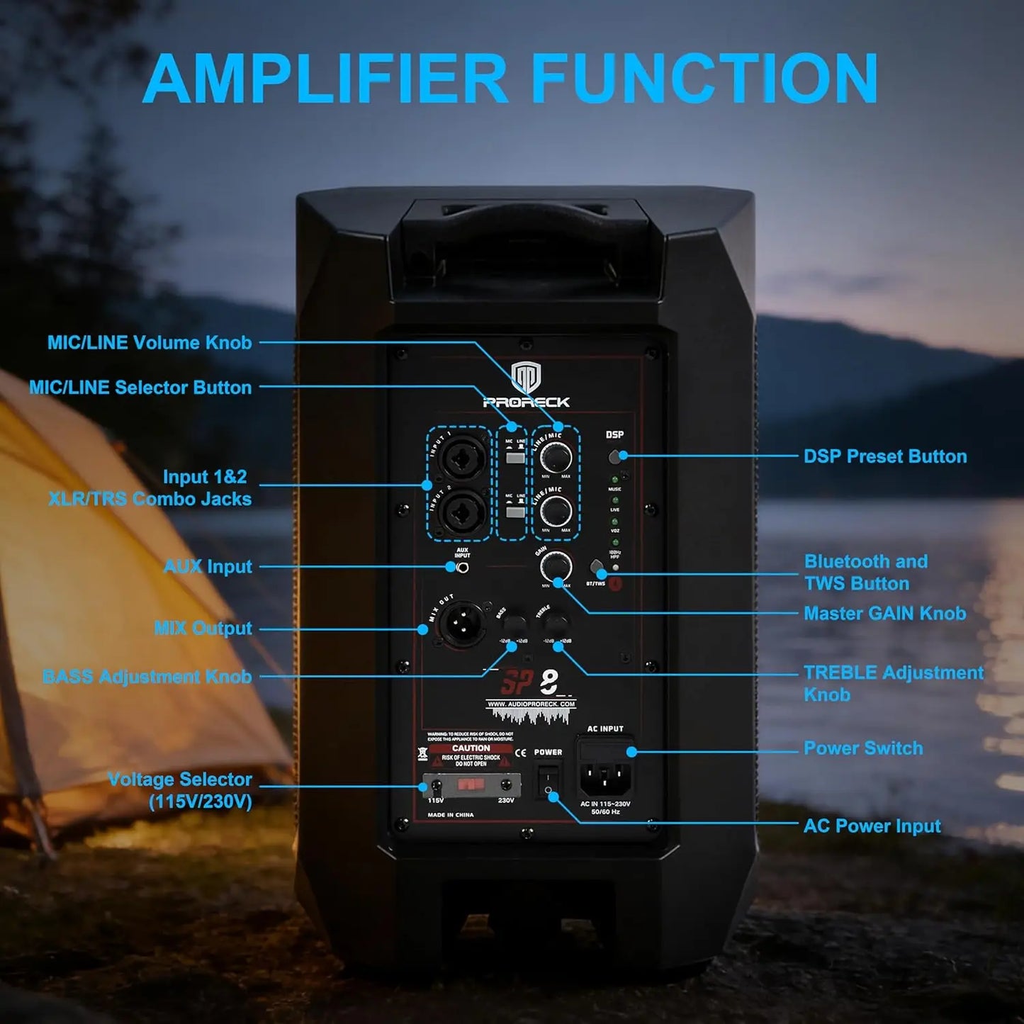 PRORECK SP8 3 Channel Powered DSP PA Speaker Bluetooth TWS