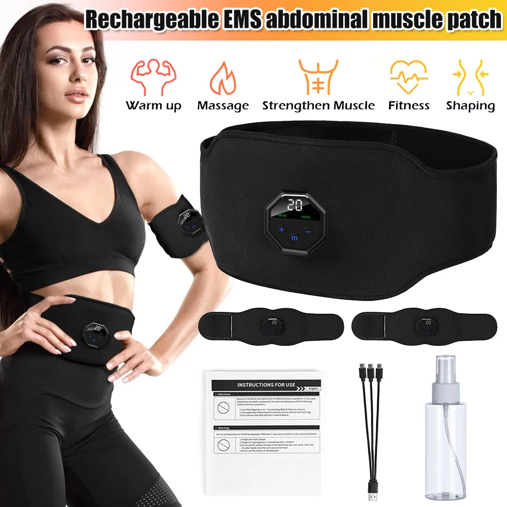 Rechargeable Ems Abdominal Muscle Trainer Belt With Silicone Electrode Pads