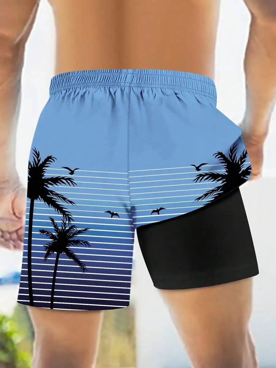 Mens 2 In 1 Swim Trunks With Compression Liner Quick Dry Blue Purple Gradient Palm Tree