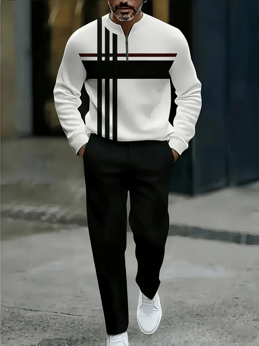 Mens 2-Piece Polyester Sportswear Set With 3D Print Pattern, Half-Collar Zipper Top And Long Pants