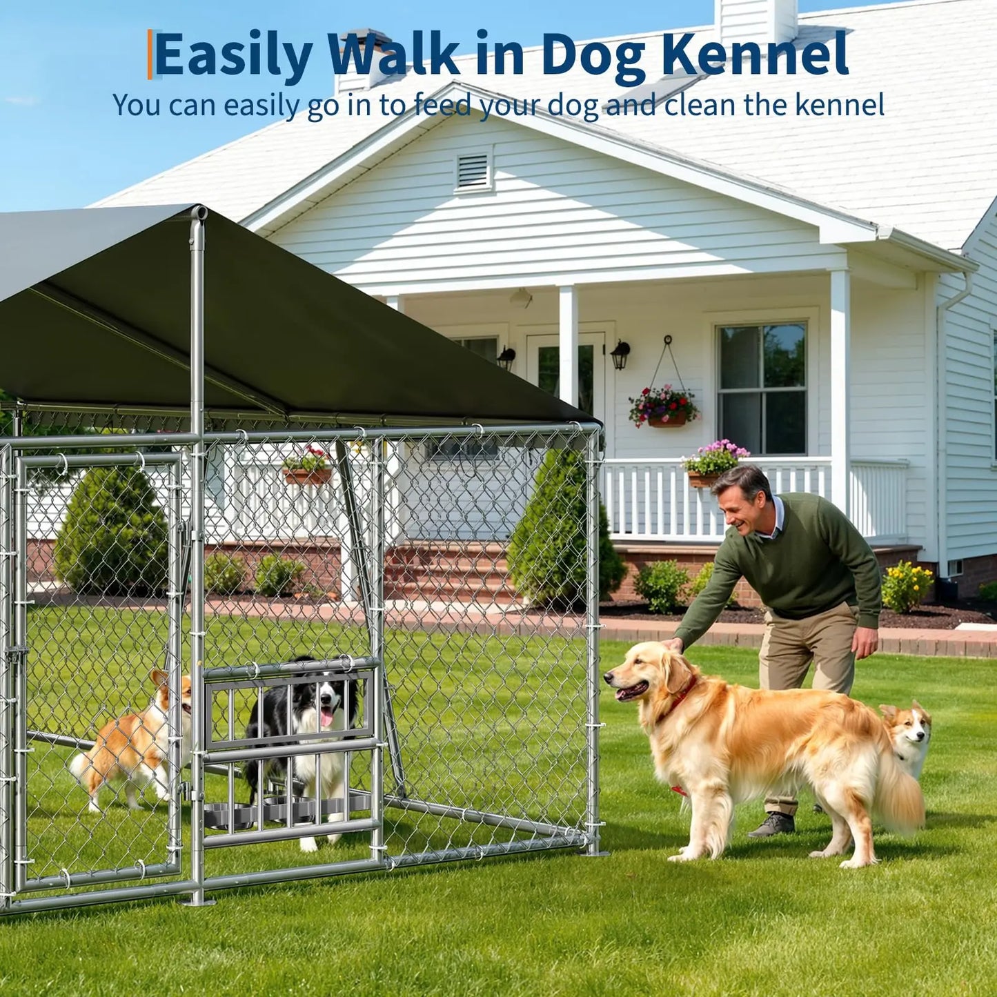 DishyKooker Outdoor Dog Kennel 10x10ft With PE Waterproof Roof 360° Feeding Door Heavy Duty Galvanized For Outdoor Pets