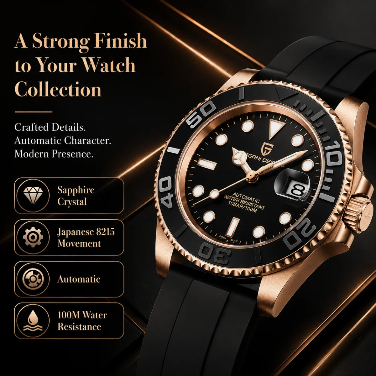 PAGANI DESIGN 2026 New 40MM Rose Gold Black Luxury Men Mechanical Watch Stainless Steel Sapphire Automatic Watch 100M Waterproof Watches for men