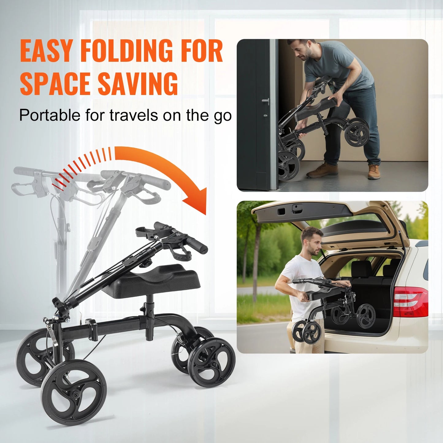 SucceBuy Carbon Steel Folding Knee Walker With Steerable All Terrain Solid Wheels