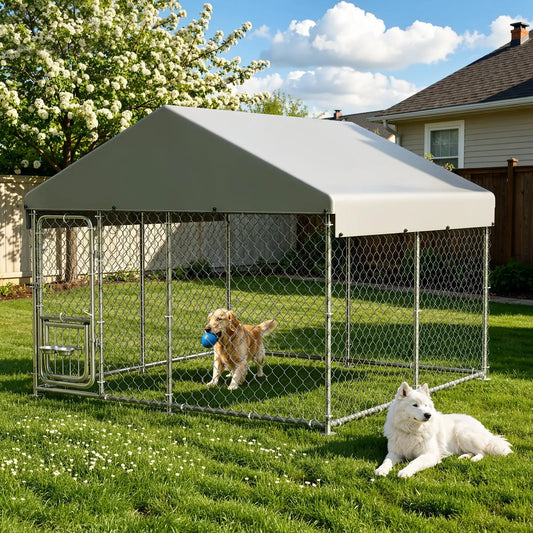 DishyKooker Heavy Duty Outdoor Dog Kennel With Roof Cover Lockable Feeding Door For Large Dogs