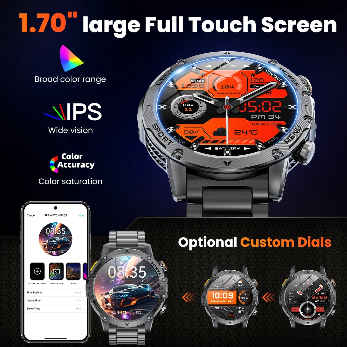 Military Smart Watch Men 1.7 Inch HD Screen Bluetooth Waterproof