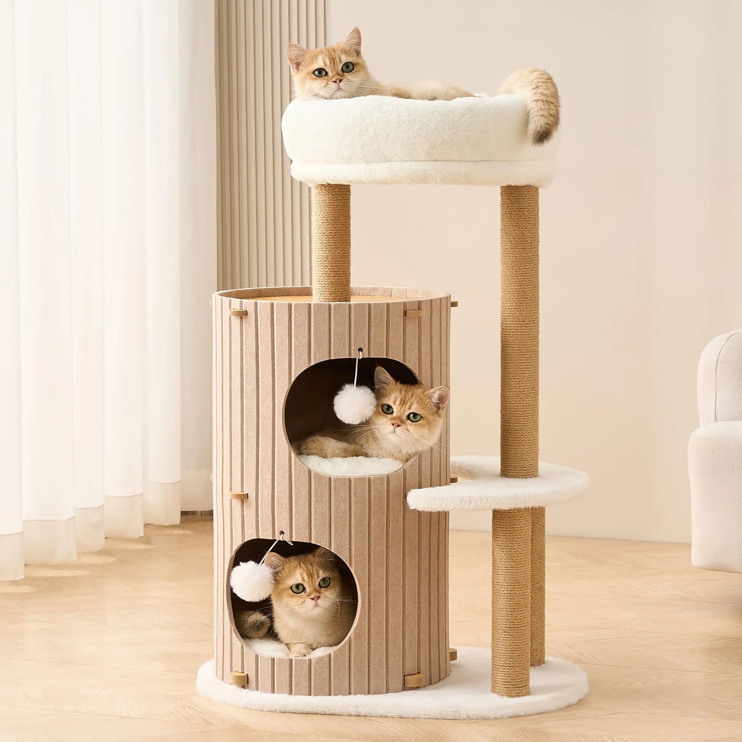 Modern Cat Tree for Indoor Small & Medium Cats, 36" Cat Tower with Scratching Posts, 2 Cozy Cat Caves, Top Perch, Dangling Balls, Washable Cushions, Space-Saving Cat Condo, Brown