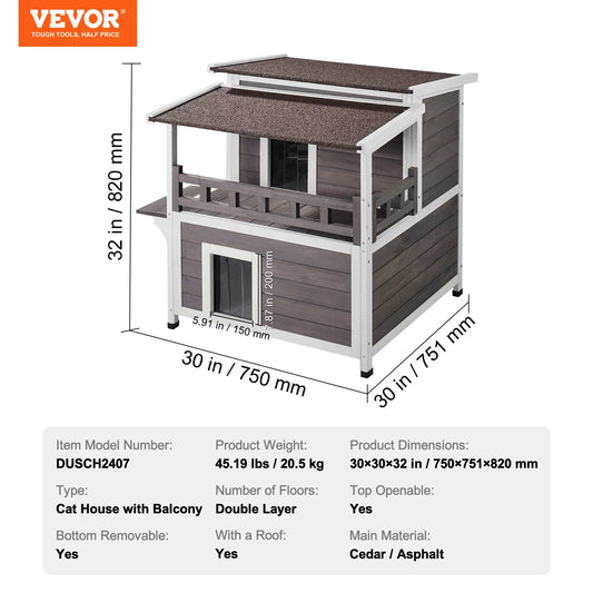 SucceBuy Weatherproof Outdoor Cat House Large 2 Story Wooden Shelter With Balcony Open Roof For Feral Cats