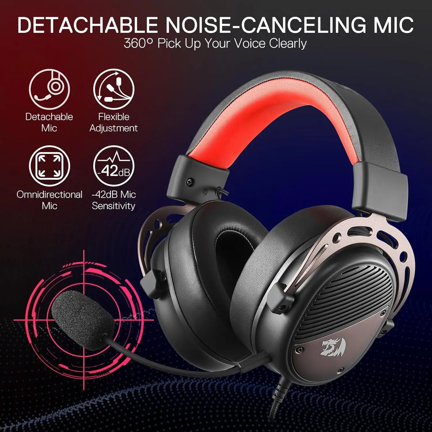 Redragon H730 USB Wired Gaming Headset 360 Spatial Sound Detachable Mic