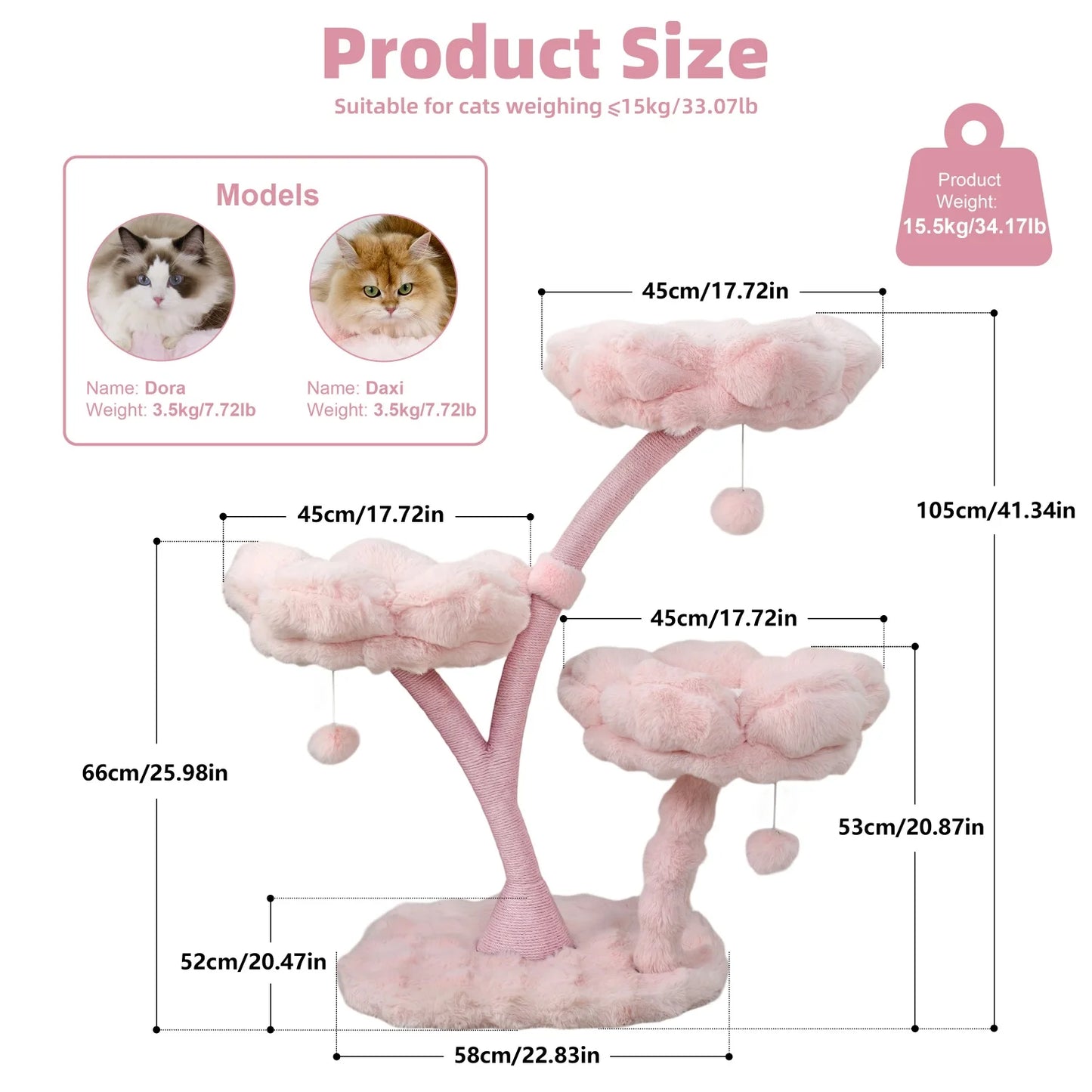 105cm Tall Cat Tree Pink Vertical Cat Tower Activity Center for Cats Cushioned Flower Platforms, Dangling Ball Scratching Posts Pet House Furniture