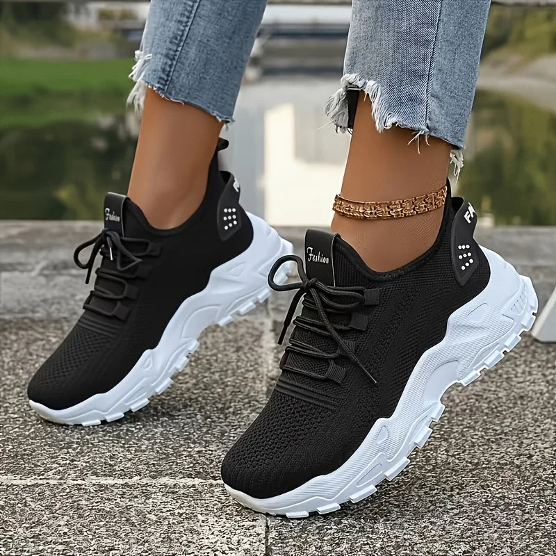 Womens Chunky Platform Knit Mesh Walking Sneakers With Wavy Sole