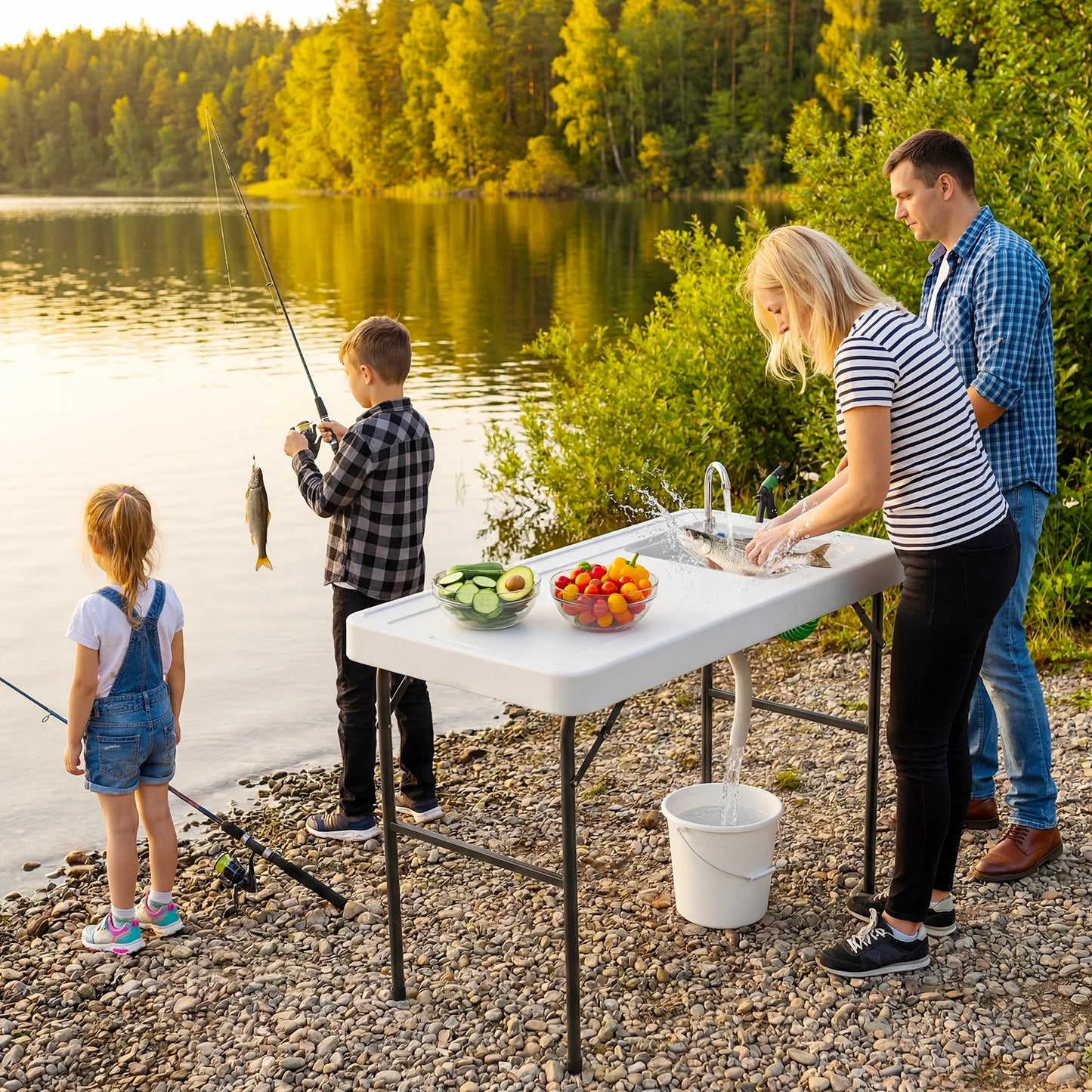 Folding Fish Cleaning Table with Sink, Portable Camping Sink Station with Faucet, Drainage Hose, Sprayer, Outdoor Fillet Table for Picnic Beach Patio