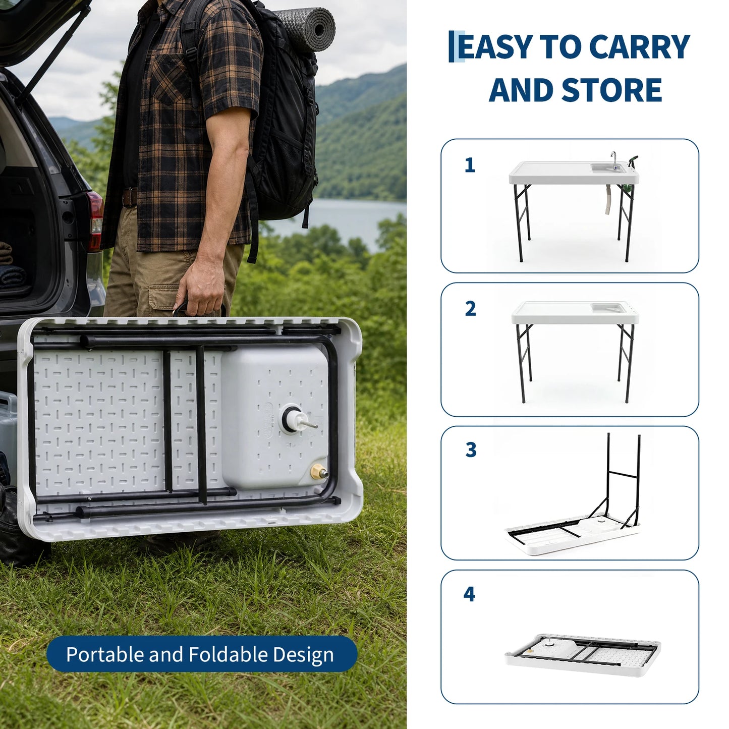Folding Fish Cleaning Table with Sink, Portable Camping Sink Station with Faucet, Drainage Hose, Sprayer, Outdoor Fillet Table for Picnic Beach Patio