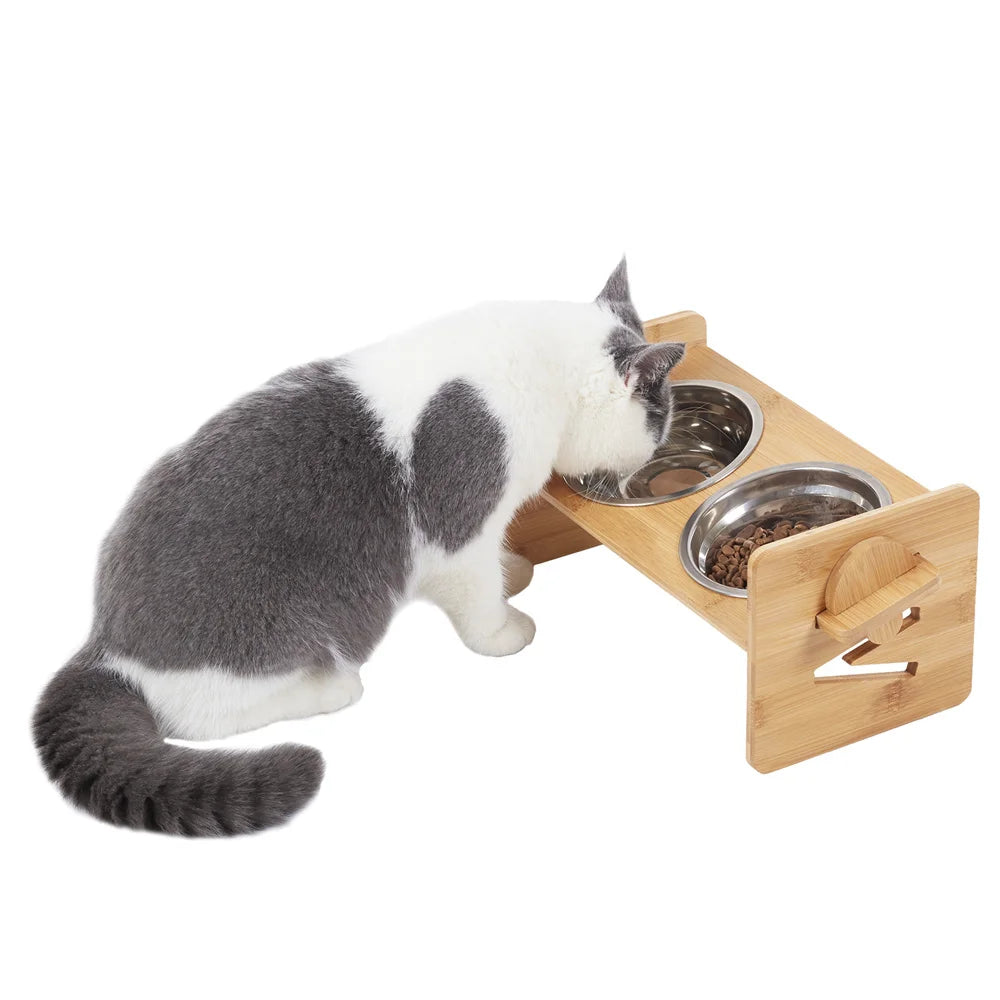 Elevated Adjustable Dog Feeding Station With Bamboo Frame Stainless Bowls