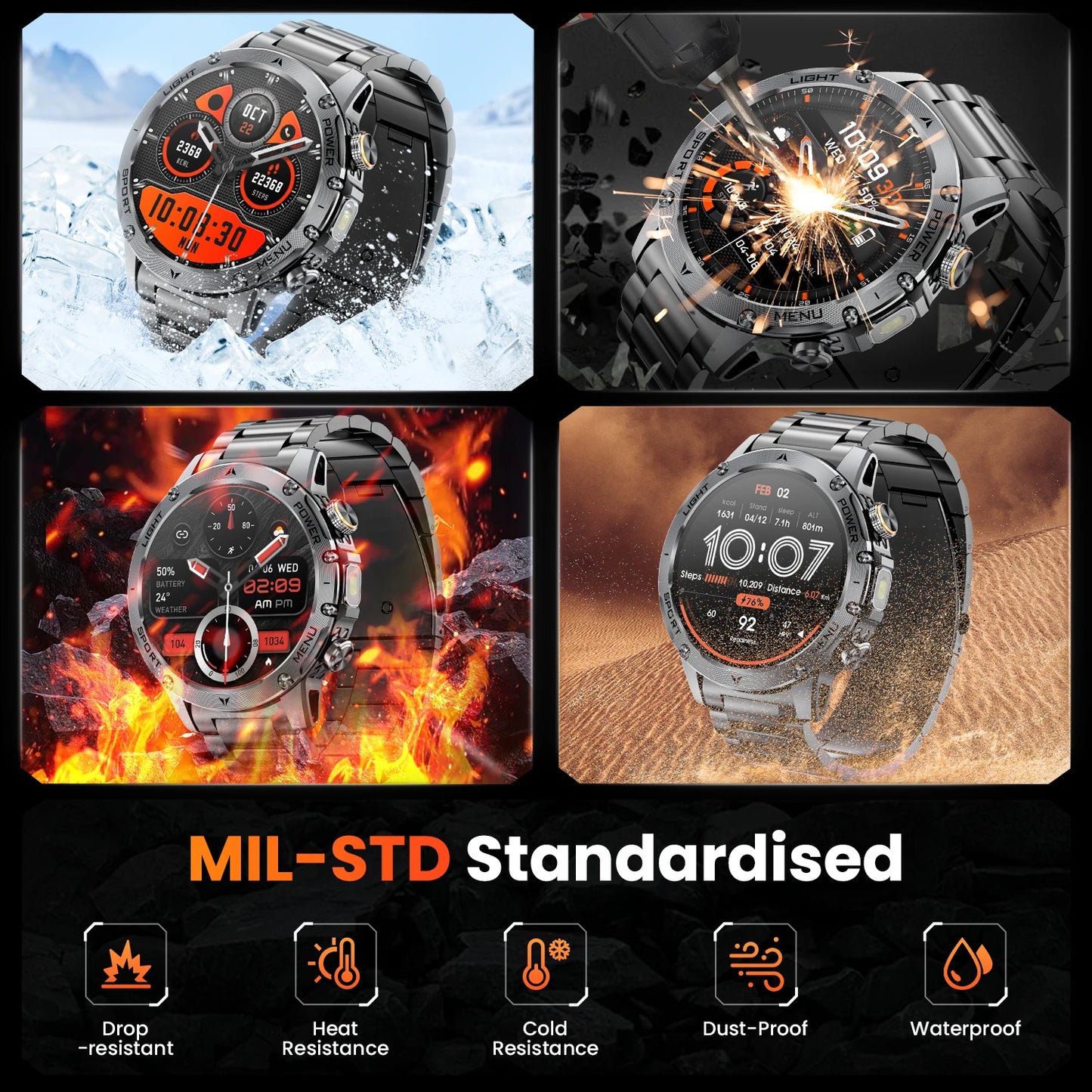 Military Smart Watch Men 1.7 Inch HD Screen Bluetooth Waterproof