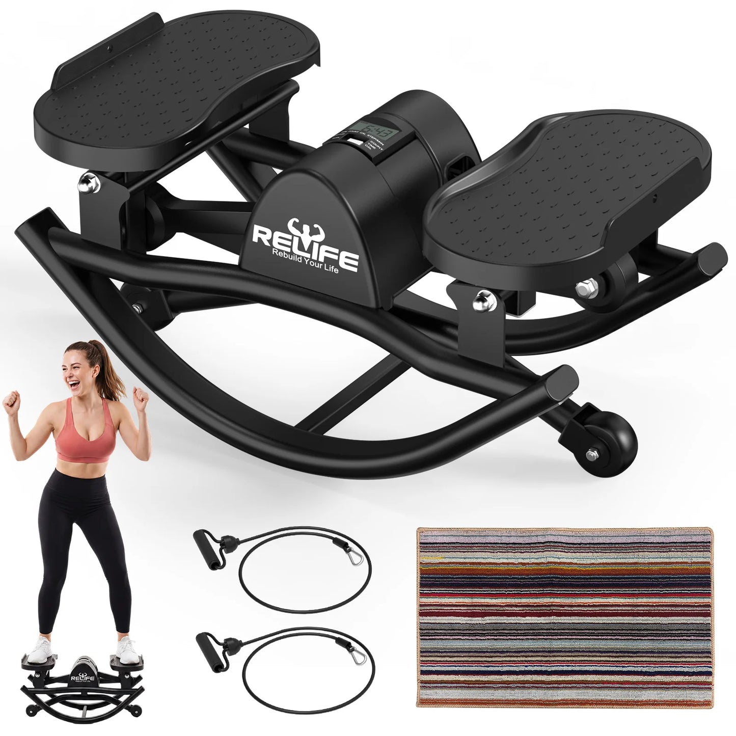Relife 3D Lateral Rocking Stepper With Resistance Bands And Monitor