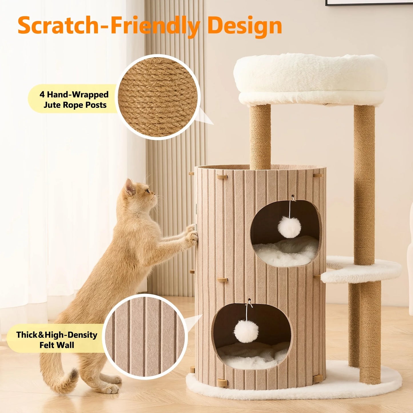 Modern Cat Tree for Indoor Small & Medium Cats, 36" Cat Tower with Scratching Posts, 2 Cozy Cat Caves, Top Perch, Dangling Balls, Washable Cushions, Space-Saving Cat Condo, Brown