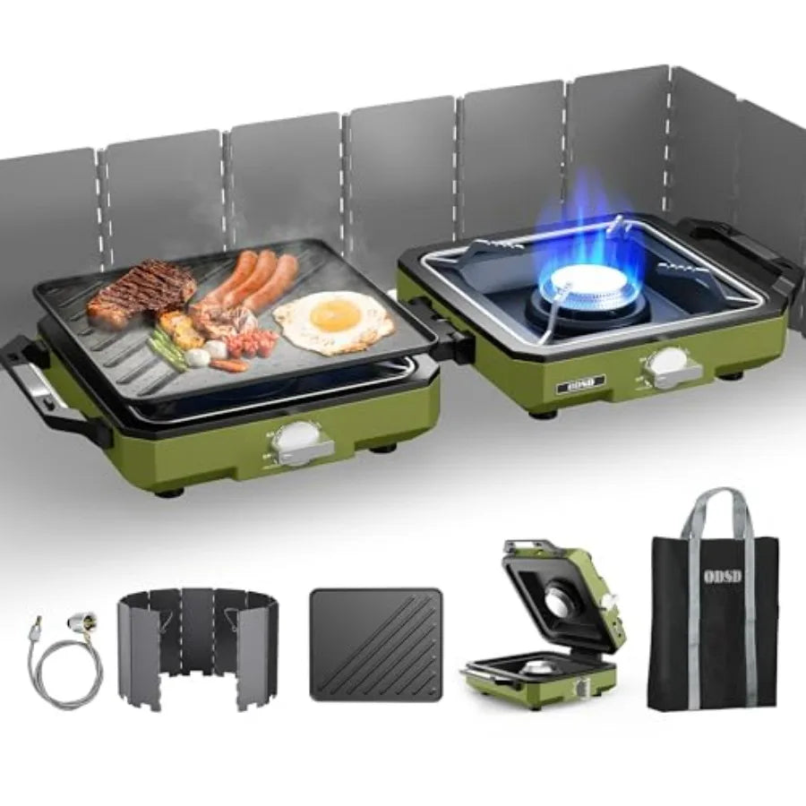 Camping Stove With Windshield 2-Burner Propane Portable Folding
