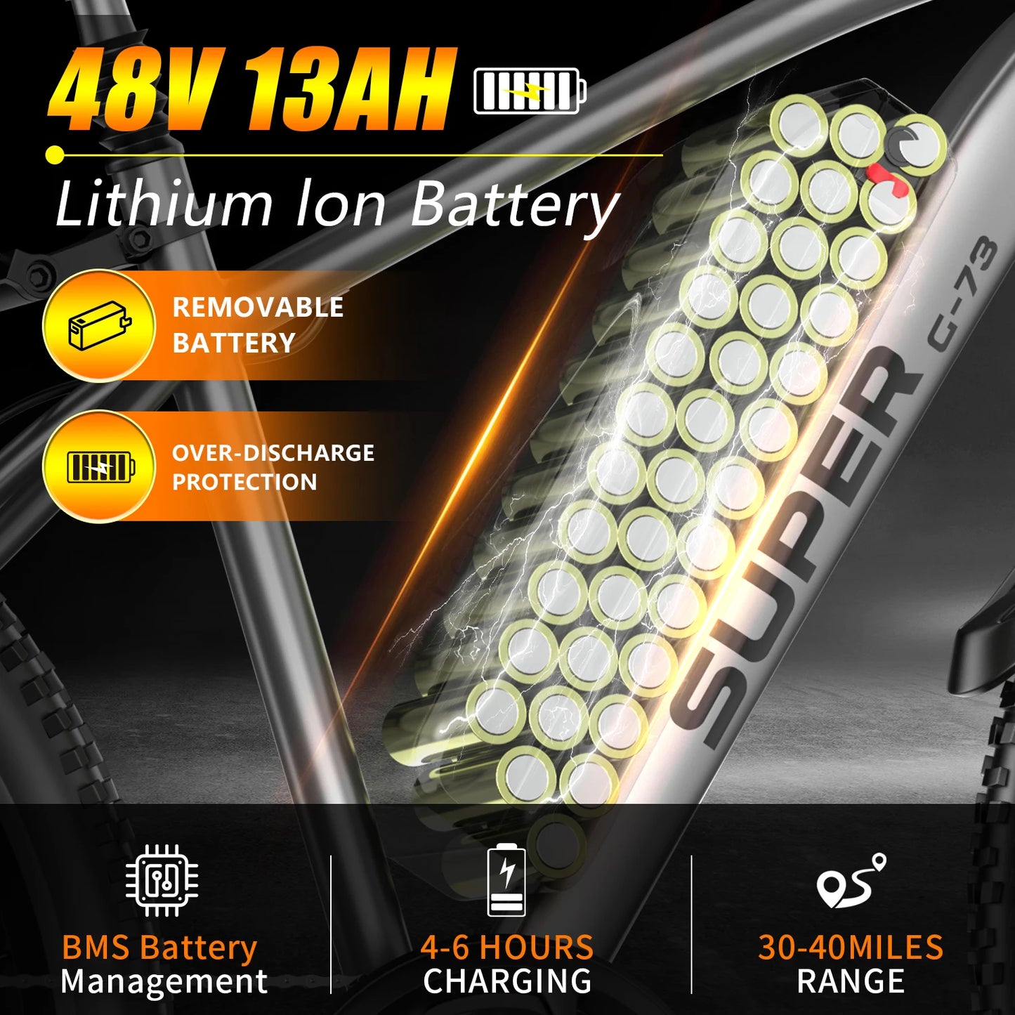 UPlee G73 Electric Bike For Adults 26 Inch Fat Tire Mountain E Bike 740W Peak Power Long Range Battery