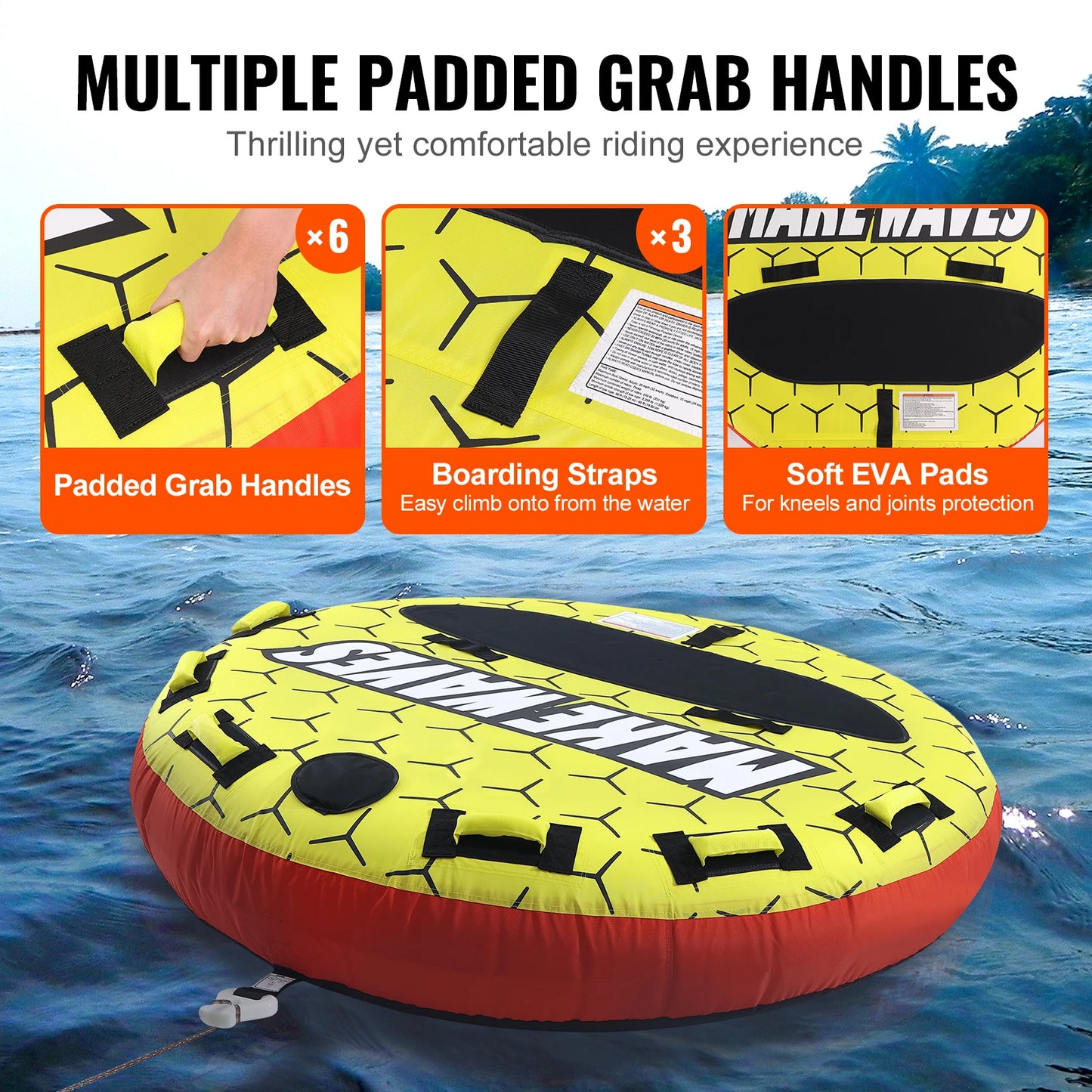 SucceBuy 63 Inch Round Towable Tube For Boating 1-3 People Durable 840D Nylon Water Sports