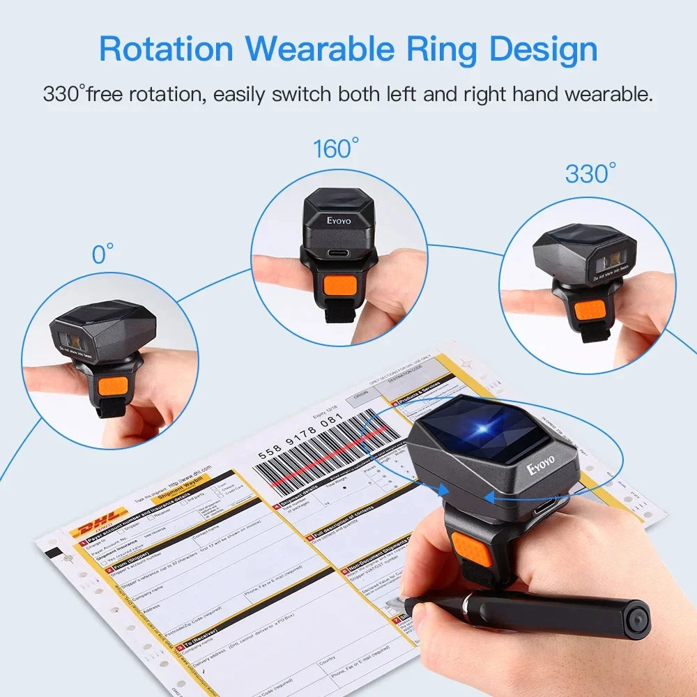 Eyoyo EY-016 Finger Ring Barcode Scanner Mini Wearable 3-in-1 Connection Bluetooth Scanner, Screen Scanning 1D&2D QR PDF417 Data Matrix Image Bar Code Reader, Compatible with iPad, Phone, Laptop, PC