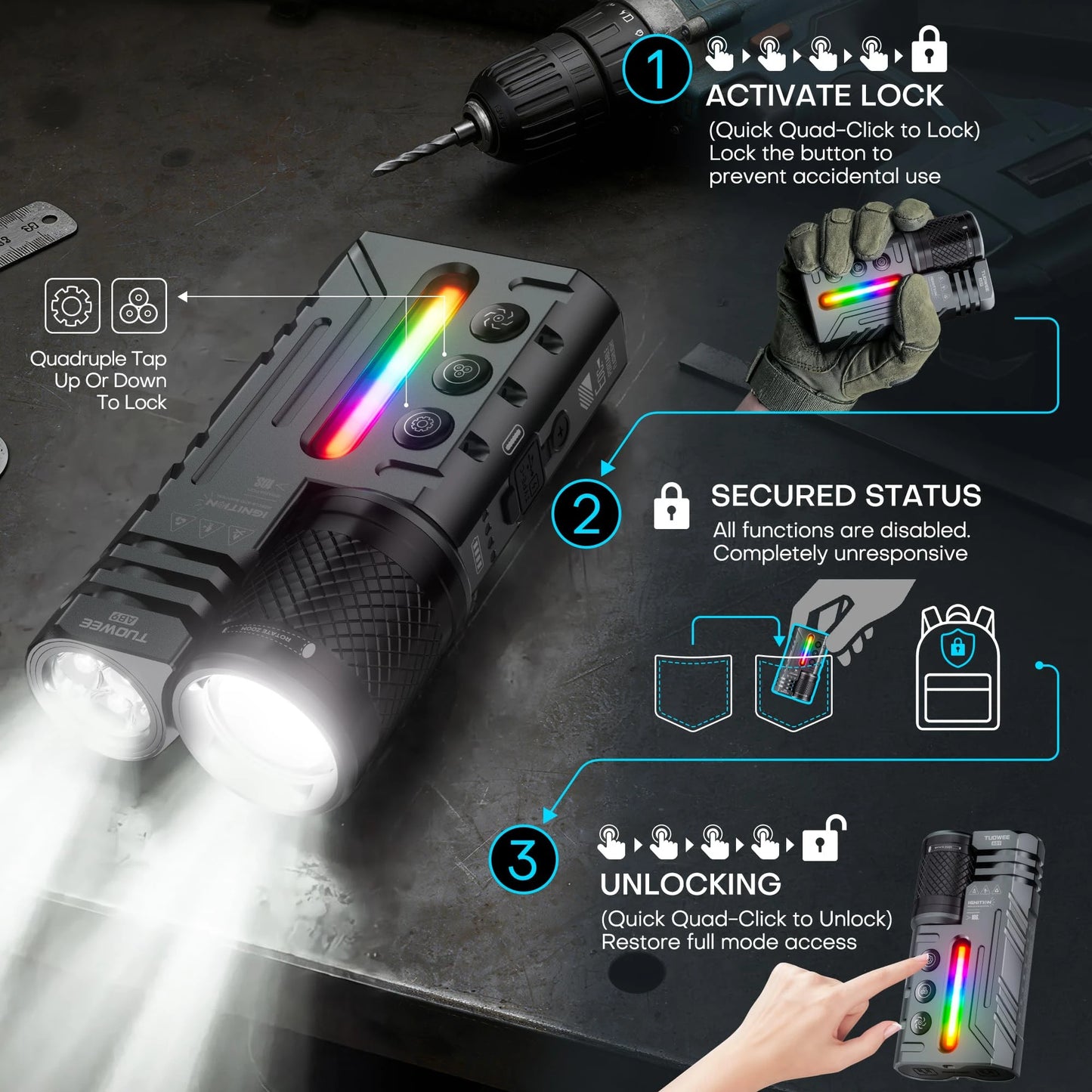 Tuowee USB Rechargeable Tactical Flashlight 3000LM IPX4 Waterproof RGB Zoomable