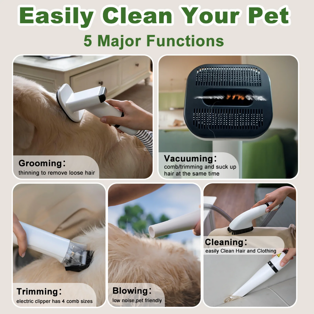 5-in-1 Pet Grooming Vacuum Kit With Clippers And Dryer For Dogs Cats