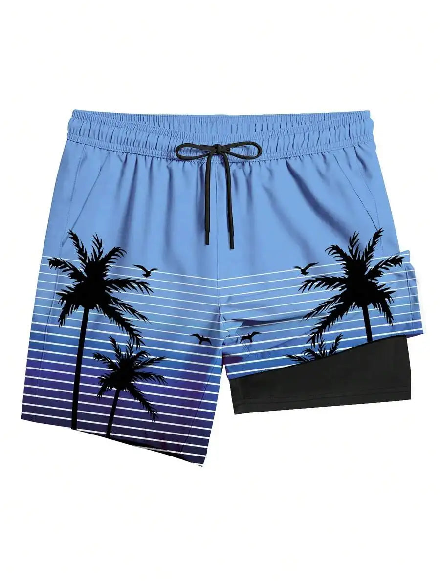 Mens 2 In 1 Swim Trunks With Compression Liner Quick Dry Blue Purple Gradient Palm Tree
