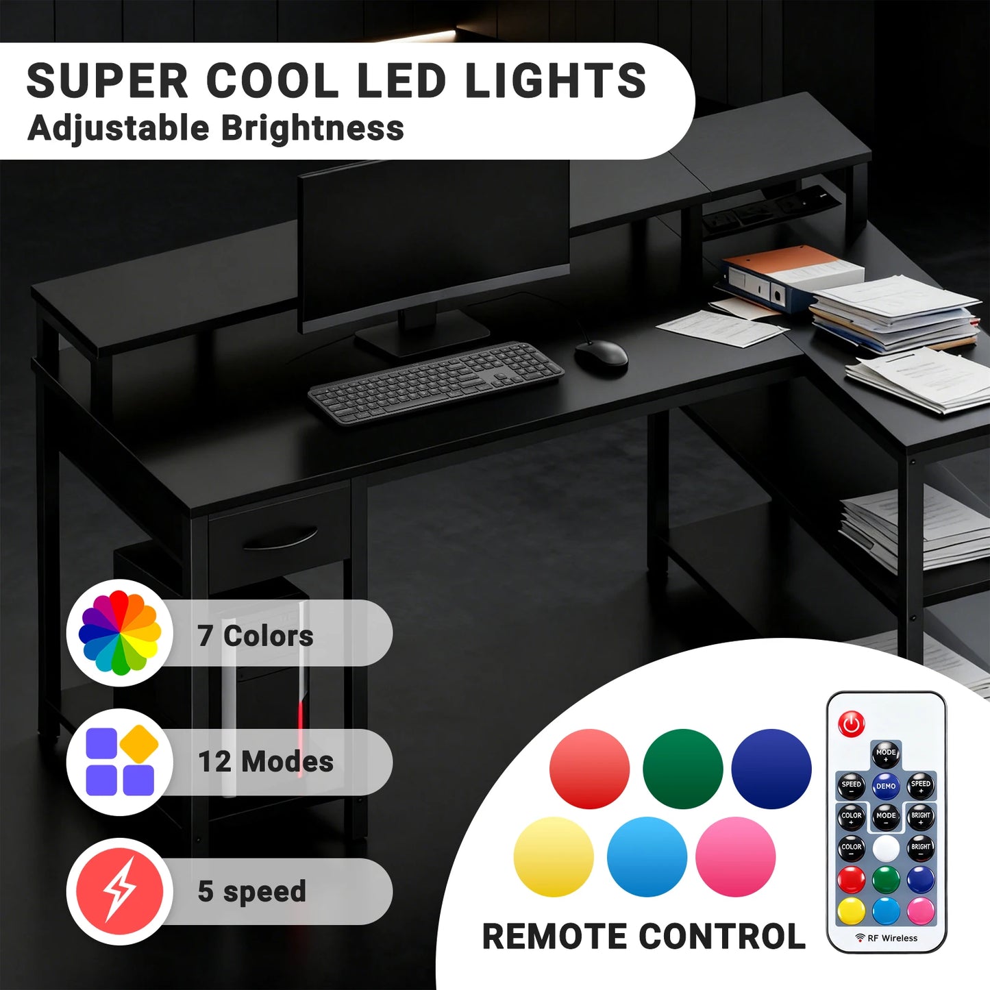 JHK L Shaped Gaming Desk Featuring USB Ports And LED