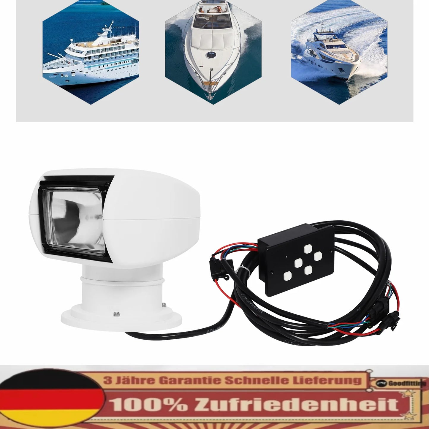 100W Marine Remote Controlled Boat Spotlight 360 Degree Waterproof Searchlight High Intensity for Boaters
