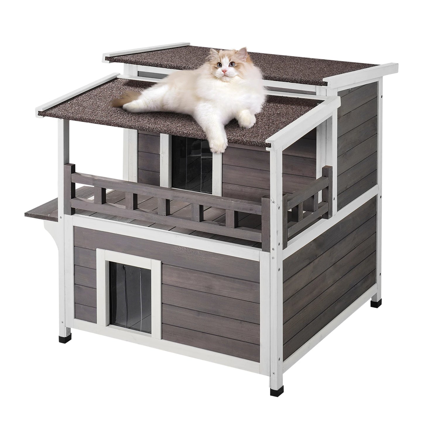 SucceBuy Weatherproof Outdoor Cat House Large 2 Story Wooden Shelter With Balcony Open Roof For Feral Cats