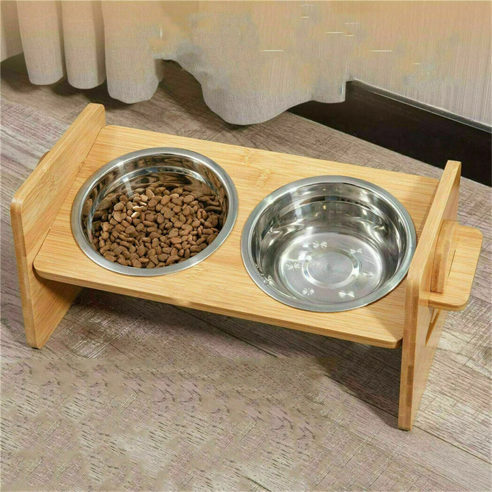 Elevated Adjustable Dog Feeding Station With Bamboo Frame Stainless Bowls